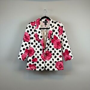 NYCC Floral Blazer Polka Dot 3/4 Sleeve White Pink Black Career Jacket Size‎ M #
